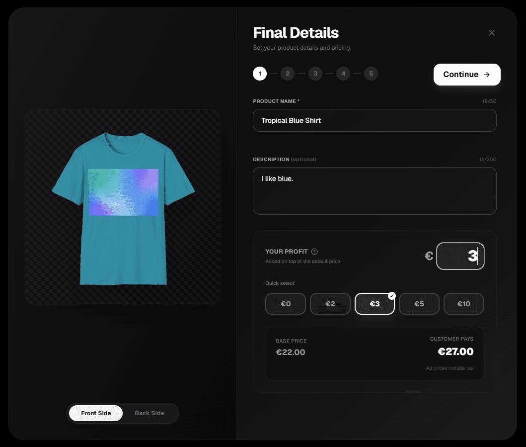 Final Details in Dezajn showing the Your Profit field, quick profit choices, base price, and customer price