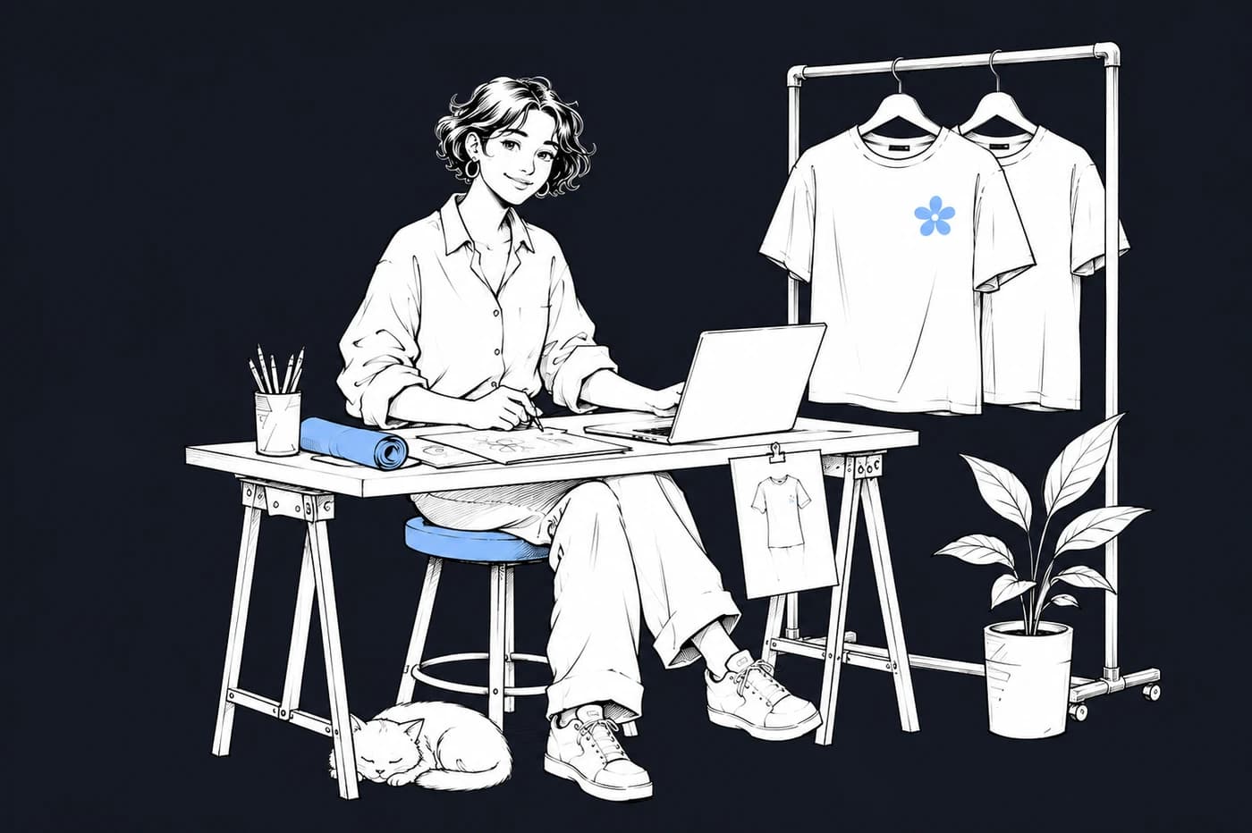 A designer bringing her clothing collection to life