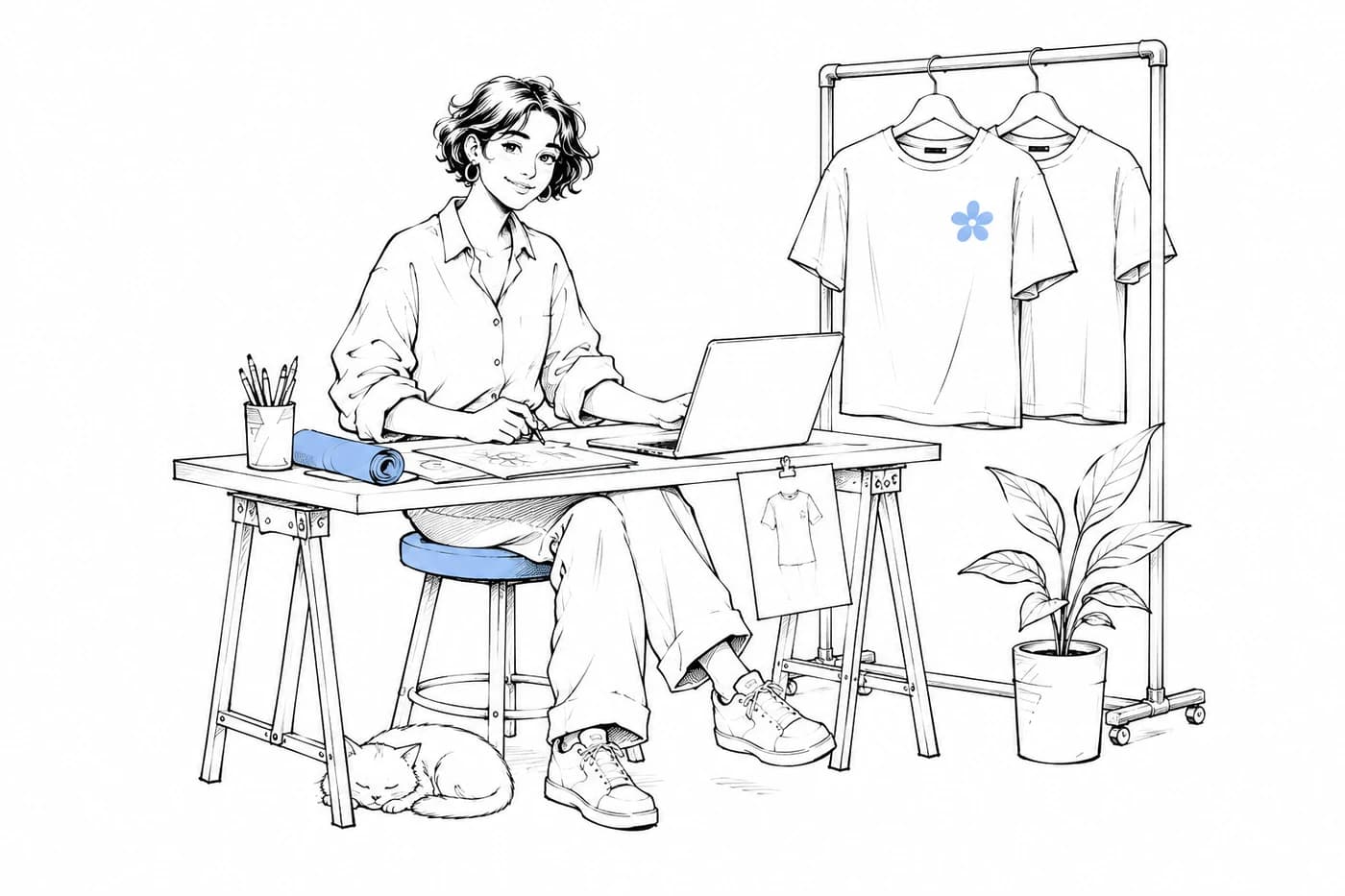 A designer at her laptop beside her first clothing collection, with a cat sleeping under her chair