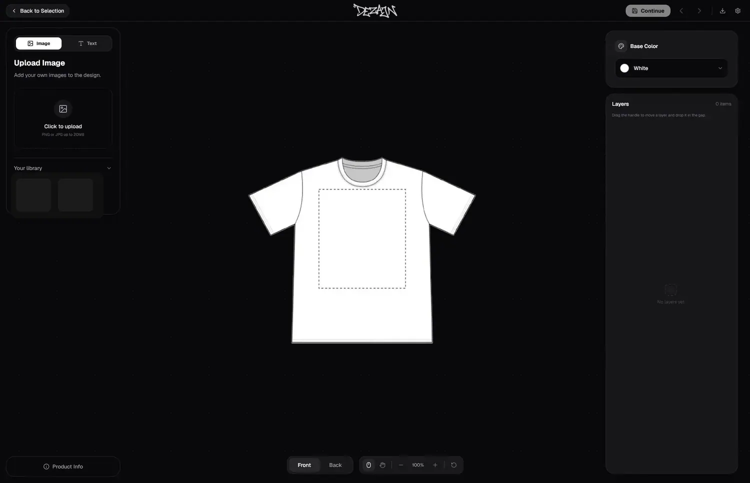 The Dezajn design editor with upload, clothing canvas, color, and layers