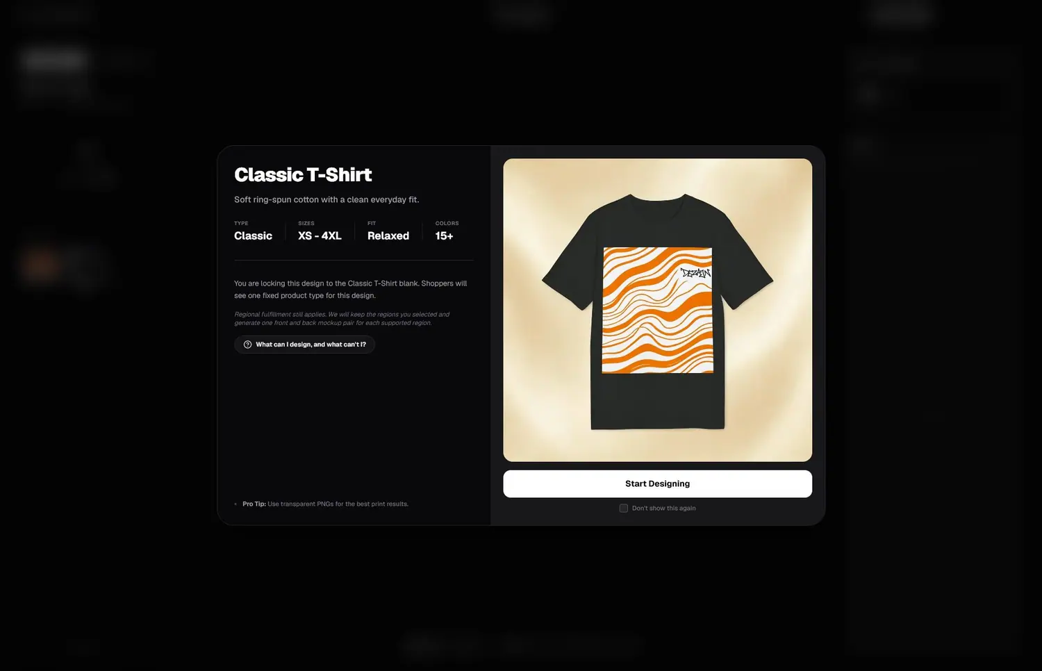 Product information shown before opening the design editor