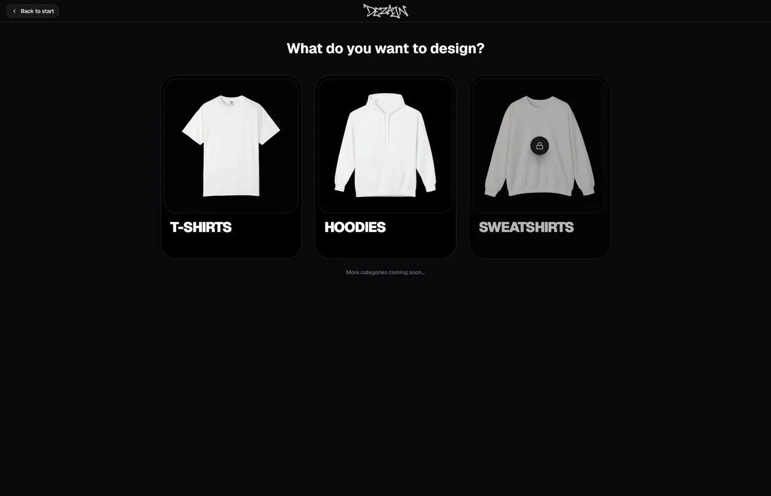 Dezajn Create showing clothing categories