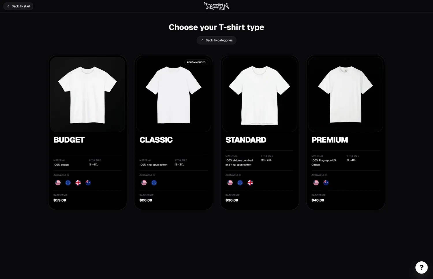 Dezajn clothing blank choices with material, sizes, regions, and price