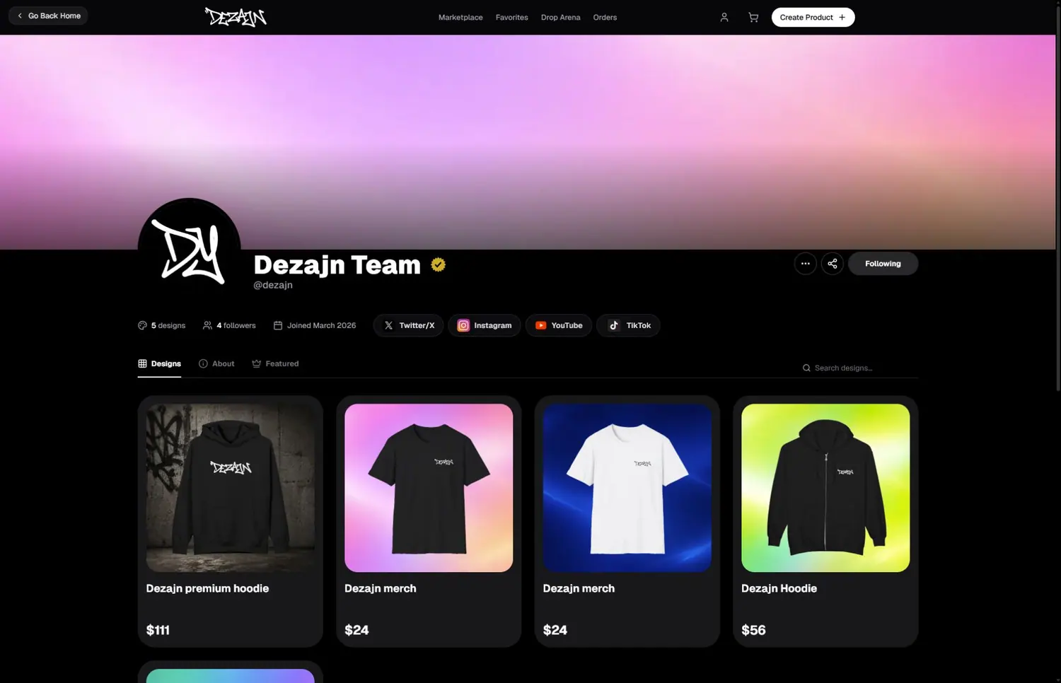 A public Dezajn designer profile with products and social links