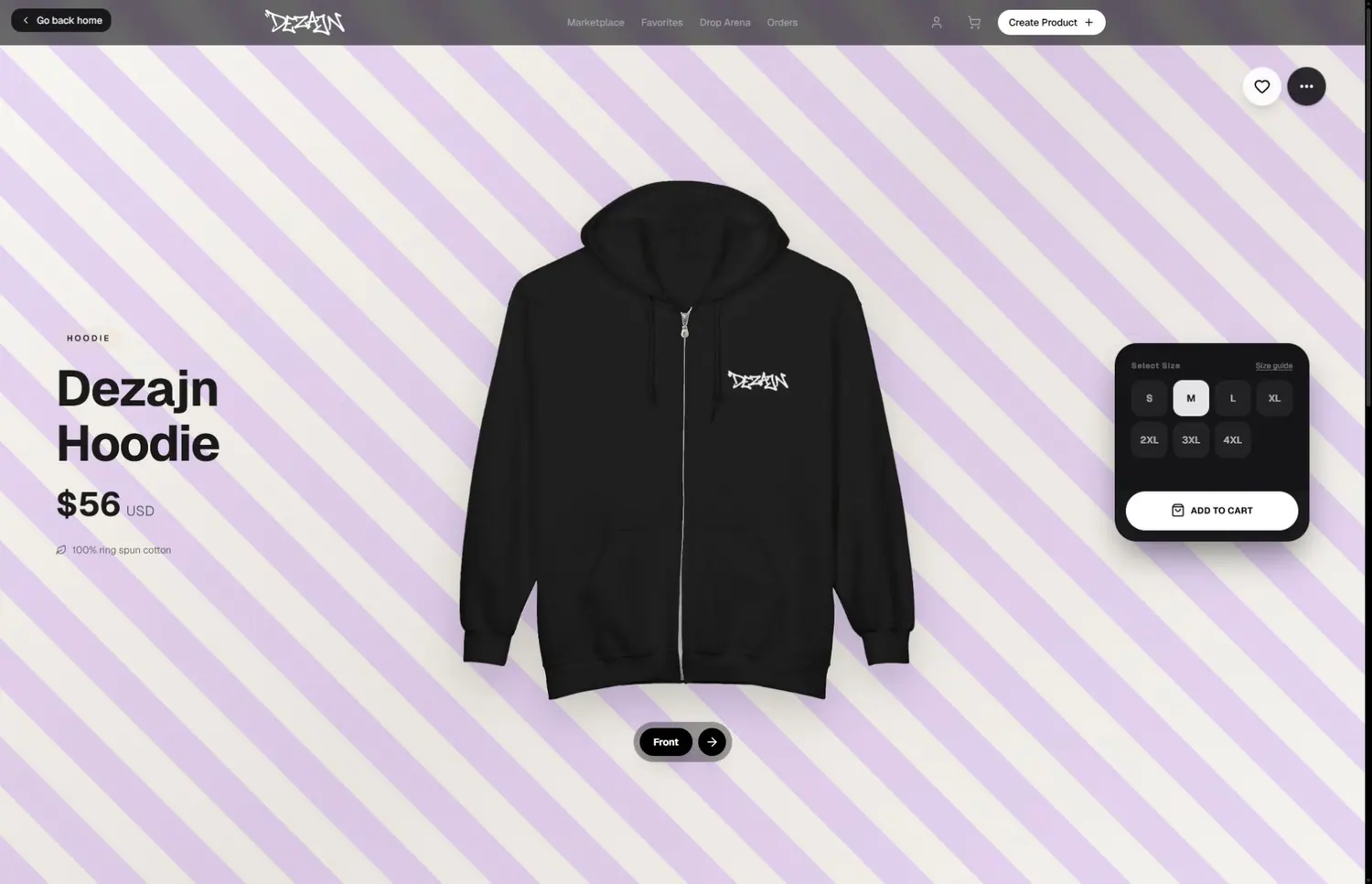 A Dezajn product page with size choices and an add to cart button