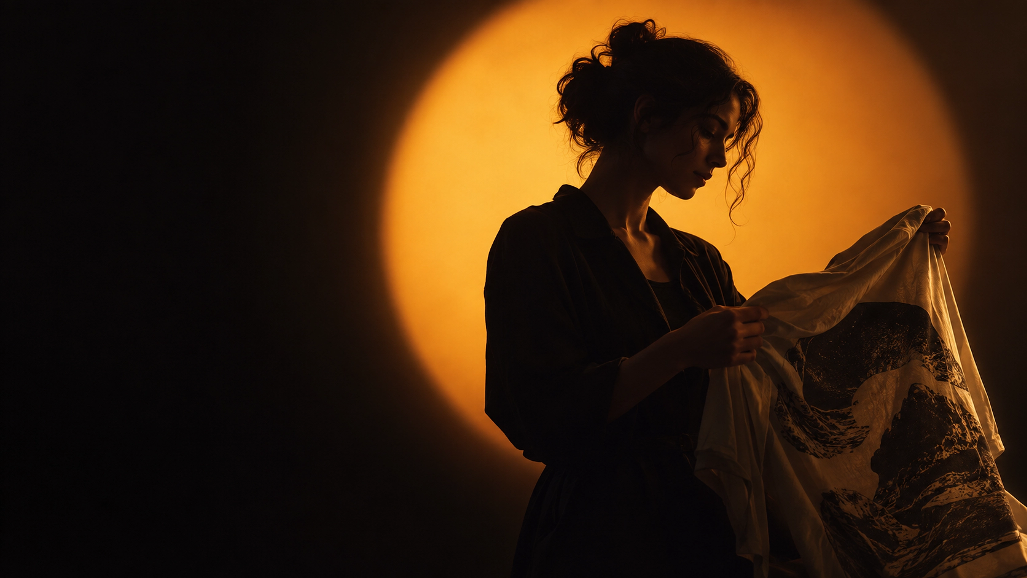Concept image of a woman designer examining an original printed shirt against a dark orange backdrop